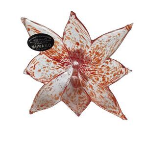 New Murano Art Glass Flower Orange White Lily Hand Blown 4” Paperweight